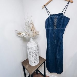 Vintage 90s Y2K Denim Midi Dress Bodycon Lace Up Size 14